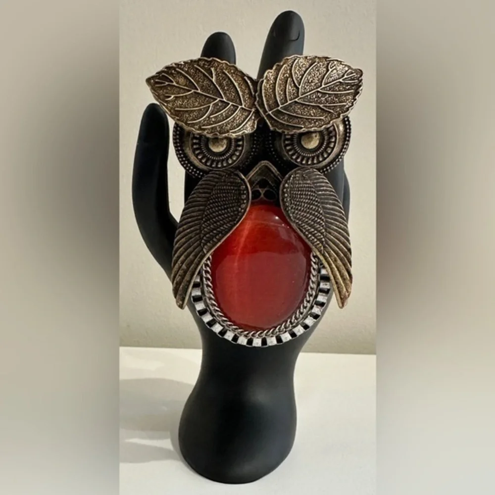 Statement Owl Ring with Amber-Colored Gem | Vintage-Style | Adjustable